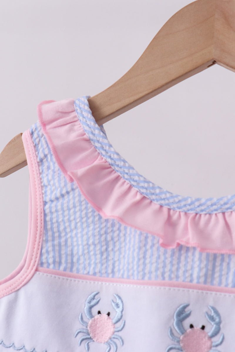 Blue Crab Embroidered Seersucker Ruffle Shorts Set - Abbies Place