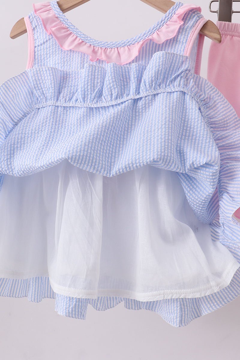 Blue Crab Embroidered Seersucker Ruffle Shorts Set - Abbies Place