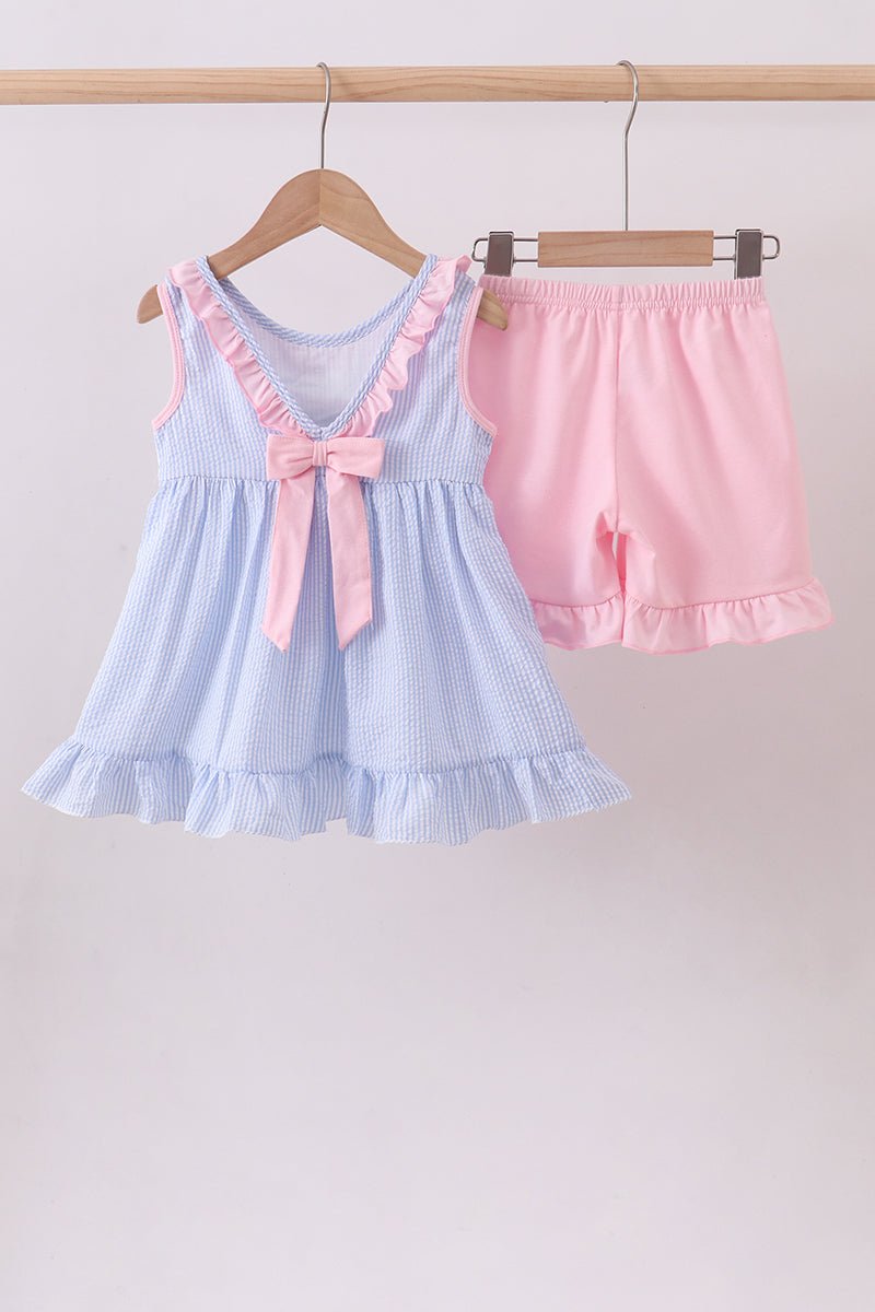 Blue Crab Embroidered Seersucker Ruffle Shorts Set - Abbies Place