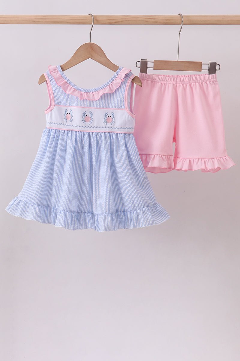 Blue Crab Embroidered Seersucker Ruffle Shorts Set - Abbies Place