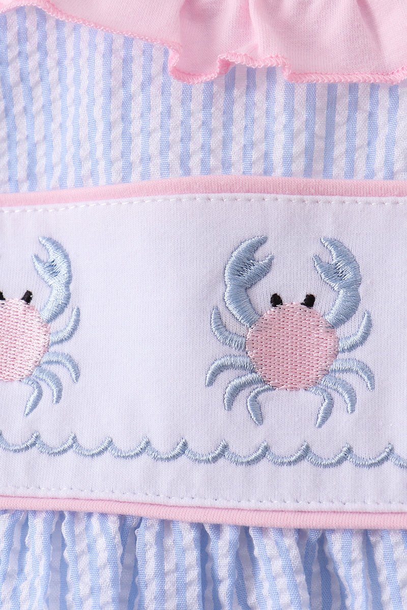 Blue Crab Embroidered Seersucker Ruffle Shorts Set - Abbies Place
