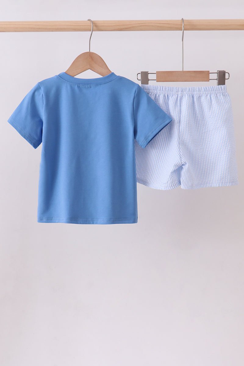 Blue Crab Embroidered Seersucker Shorts Set - Abbies Place