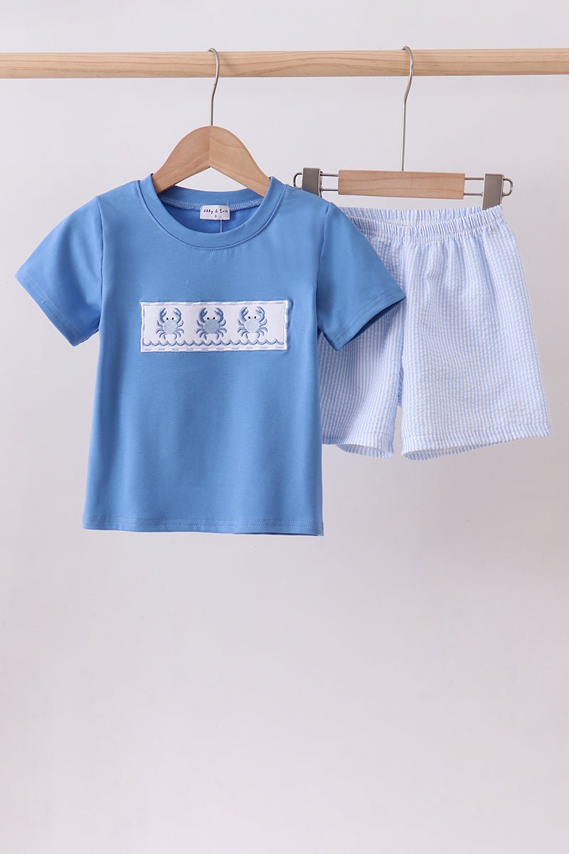 Blue Crab Embroidered Seersucker Shorts Set - Abbies Place