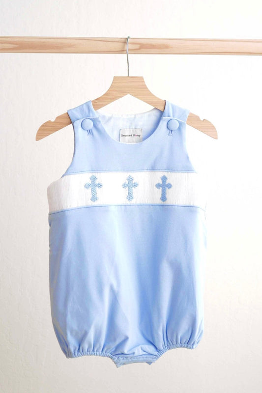 Blue easter cross hand-smokced boy bubble - Abbies Place