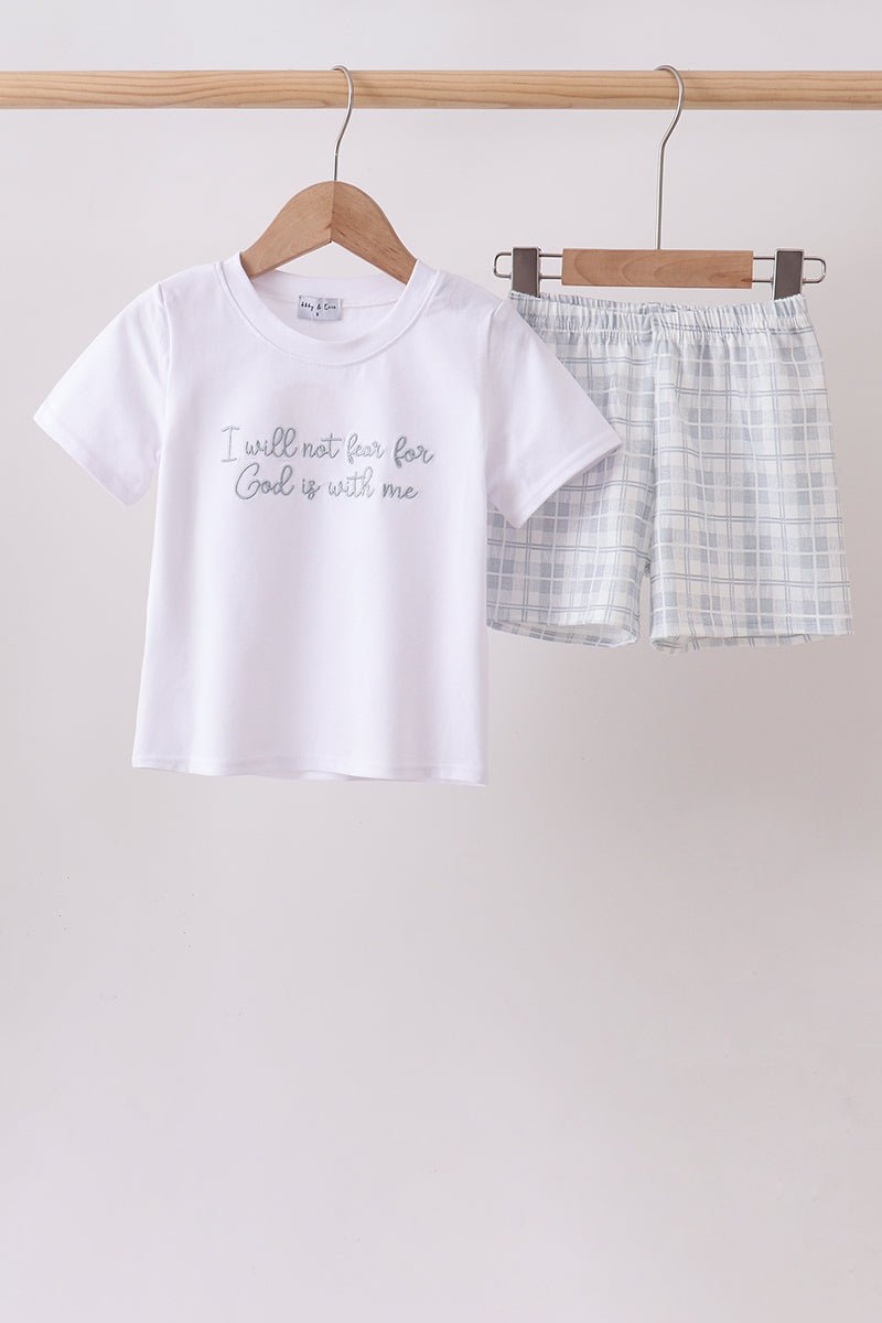 Blue Faith Quote Embroidered Shorts Set - Abbies Place