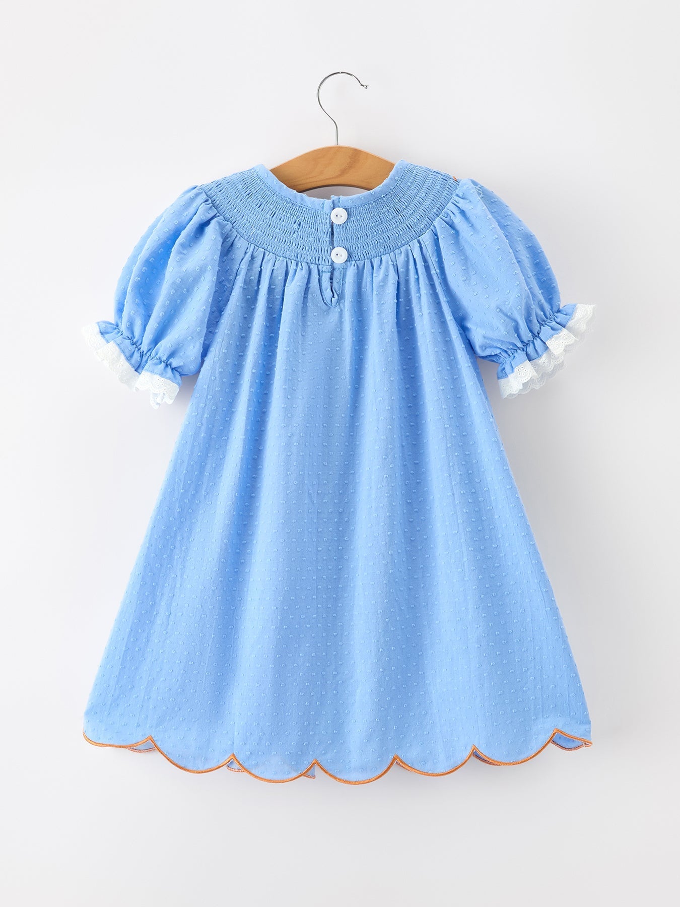 Blue Fall Thanksgiving&Halloween Pumpkin Smock Embroidery Lace Baby Girl Dress - Abbies Place