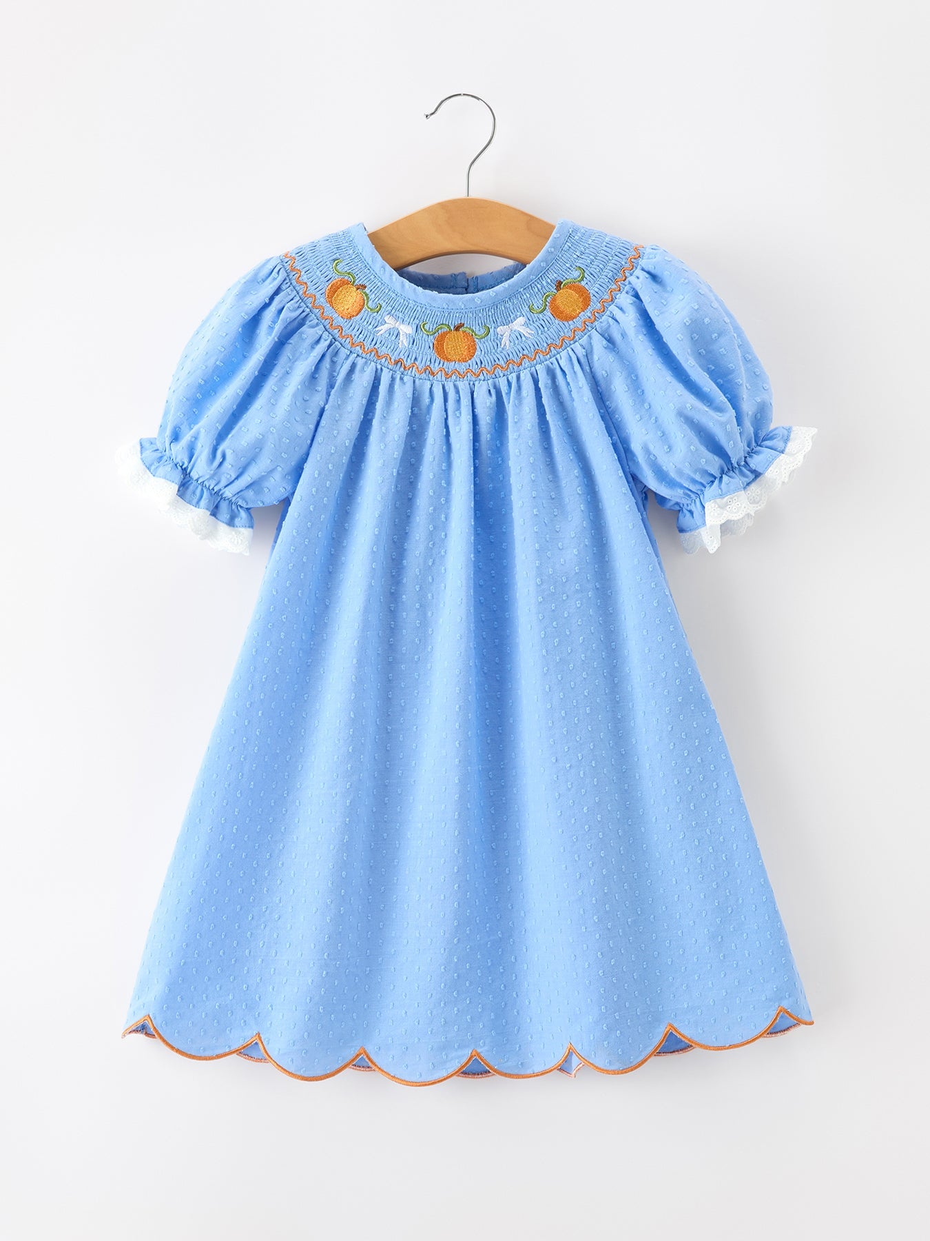 Blue Fall Thanksgiving&Halloween Pumpkin Smock Embroidery Lace Baby Girl Dress - Abbies Place