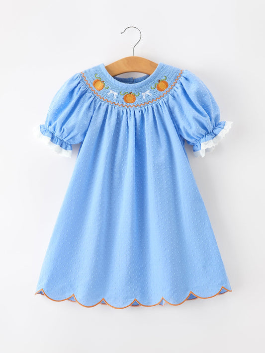 Blue Fall Thanksgiving&Halloween Pumpkin Smock Embroidery Lace Baby Girl Dress - Abbies Place