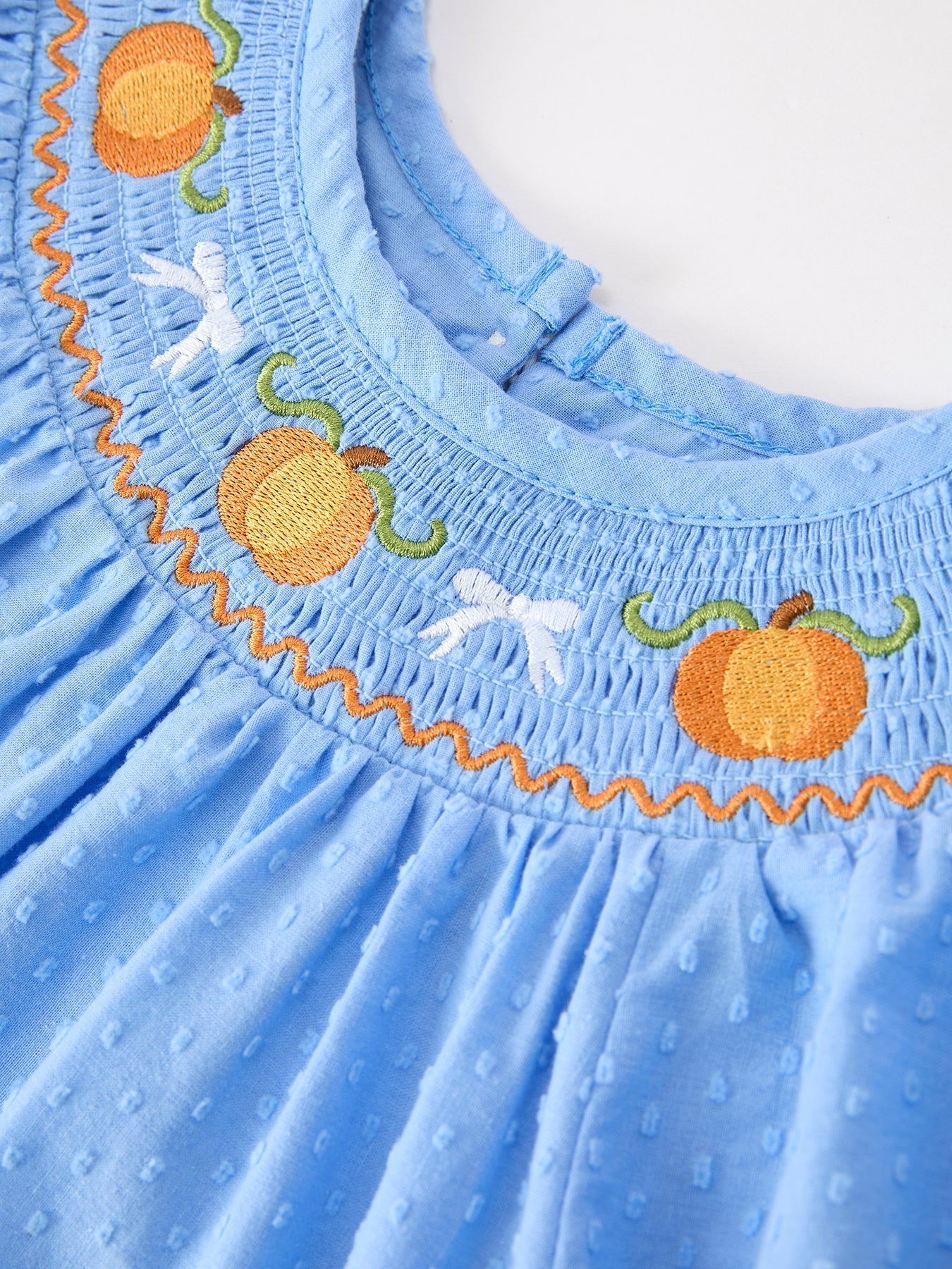 Blue Fall Thanksgiving&Halloween Pumpkin Smock Embroidery Lace Baby Girl Dress - Abbies Place