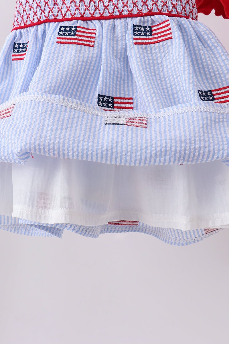 Blue flag embroidery seersucker ruffle shorts set - Abbies Place