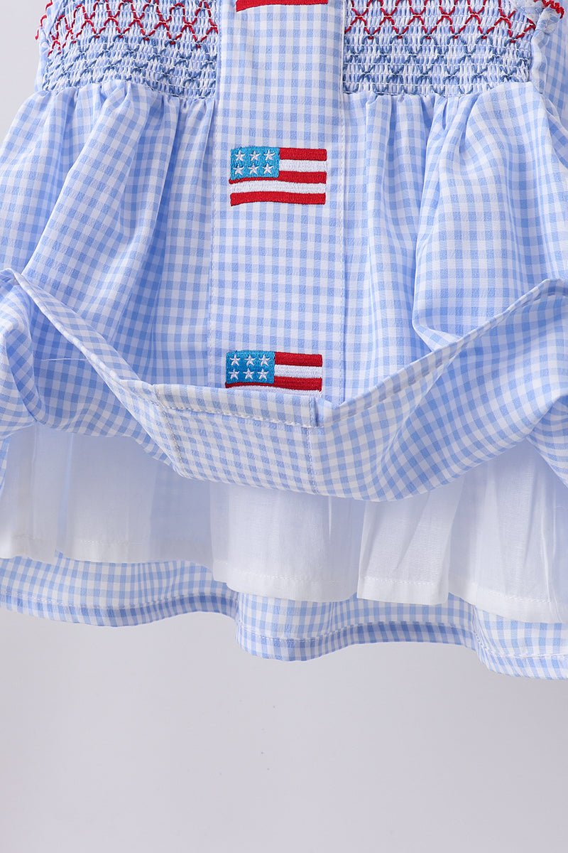 Blue flag smocked woven gingham ruffle shorts set - Abbies Place