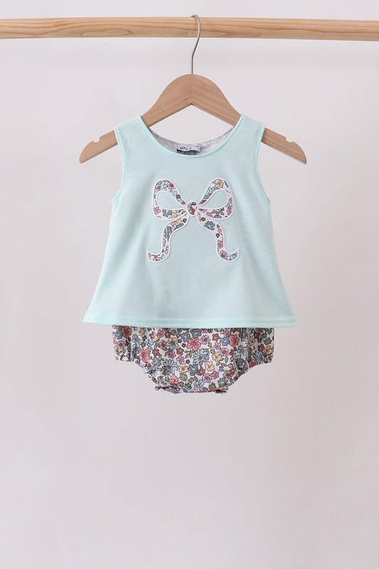 Blue Floral Bow Applique Bubble - Abbies Place