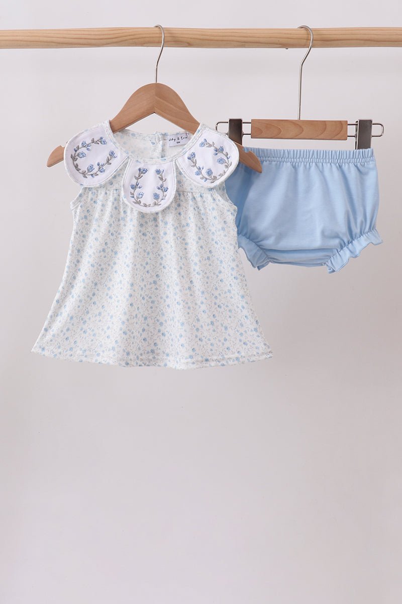Blue Floral Embroidered Bloomer Set - Abbies Place