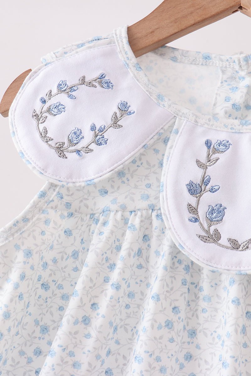 Blue Floral Embroidered Dress - Abbies Place