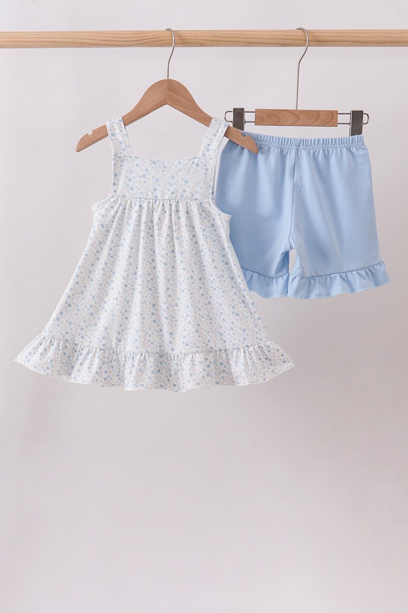 Blue Floral Embroidered Ruffle Shorts Set - Abbies Place