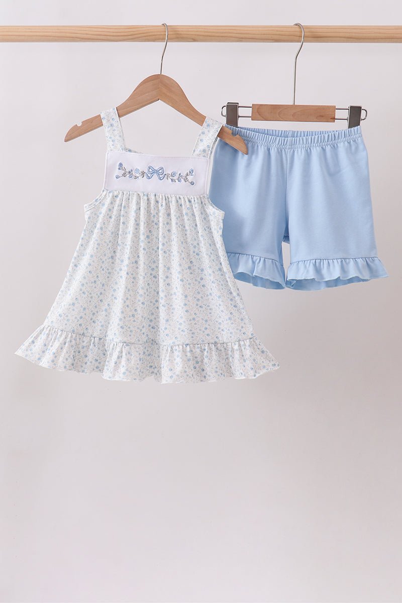 Blue Floral Embroidered Ruffle Shorts Set - Abbies Place