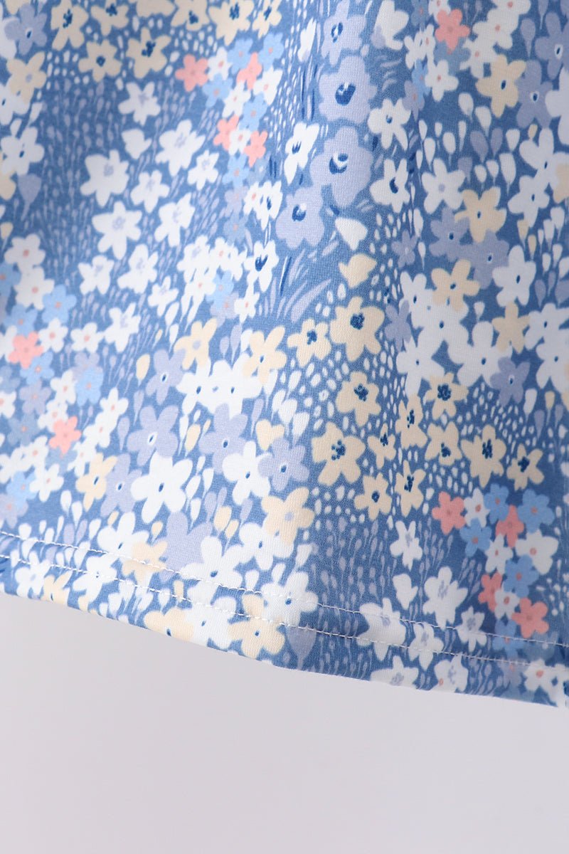 Blue Floral Print Ruffle Pants Set - Abbies Place