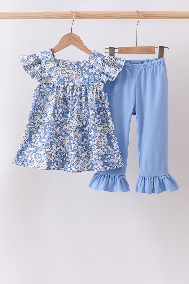 Blue Floral Print Ruffle Pants Set - Abbies Place
