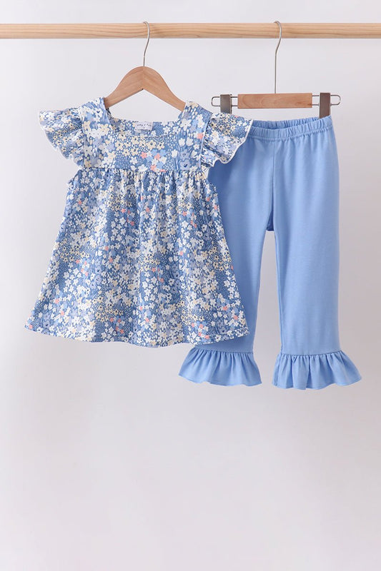 Blue Floral Print Ruffle Pants Set - Abbies Place