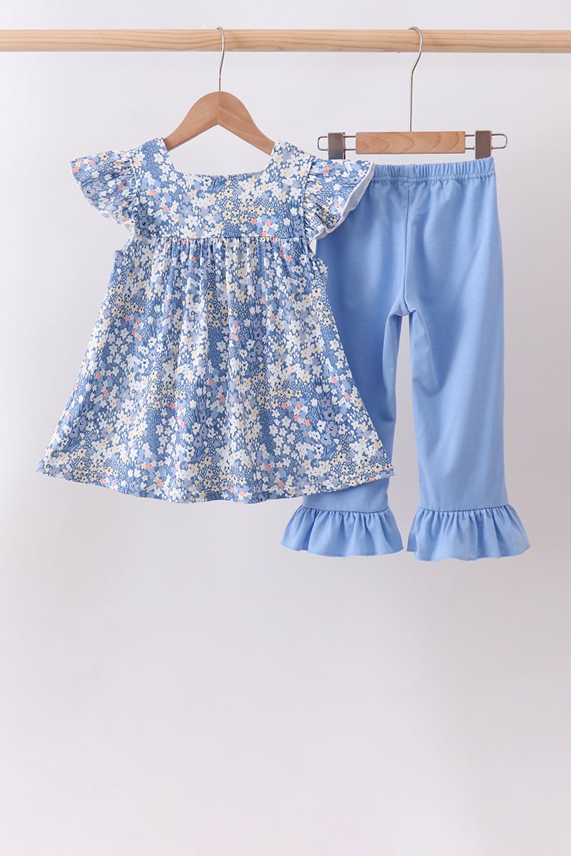 Blue Floral Print Ruffle Pants Set - Abbies Place