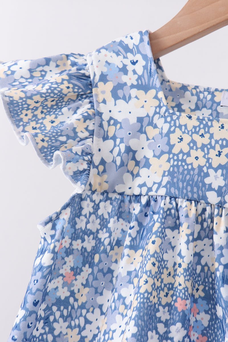 Blue Floral Print Ruffle Pants Set - Abbies Place