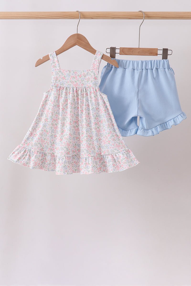 Blue Floral Print Ruffle Shorts Set - Abbies Place