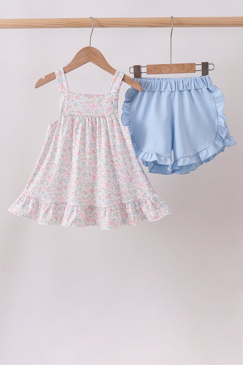 Blue Floral Print Ruffle Shorts Set - Abbies Place