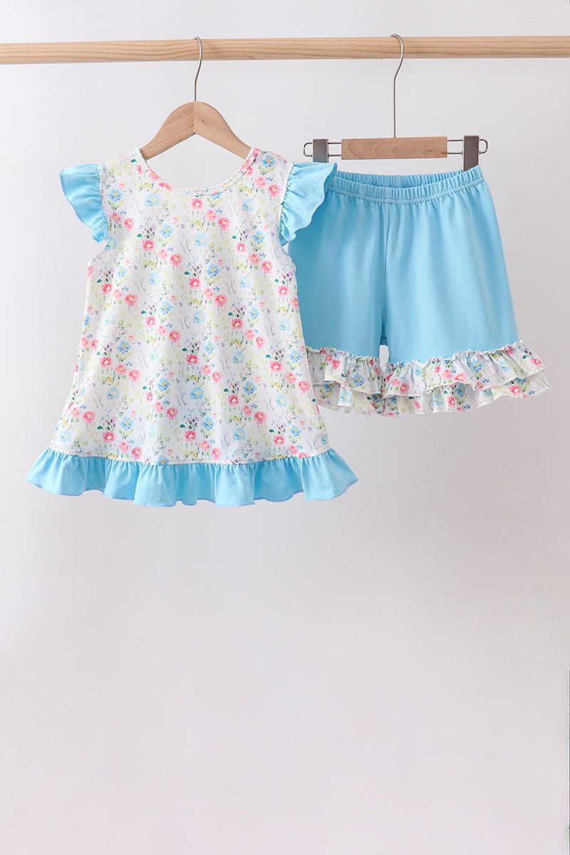 Blue Floral Ruffle Set - Abbies Place