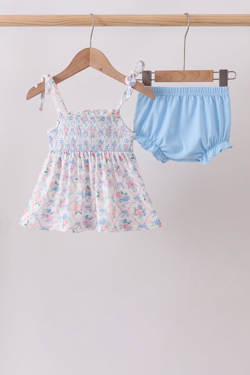 Blue Floral Smocked Bloomer Set - Abbies Place