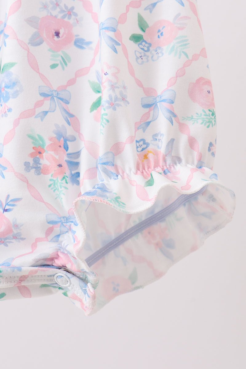 Blue Floral Smocked Bubble - Abbies Place