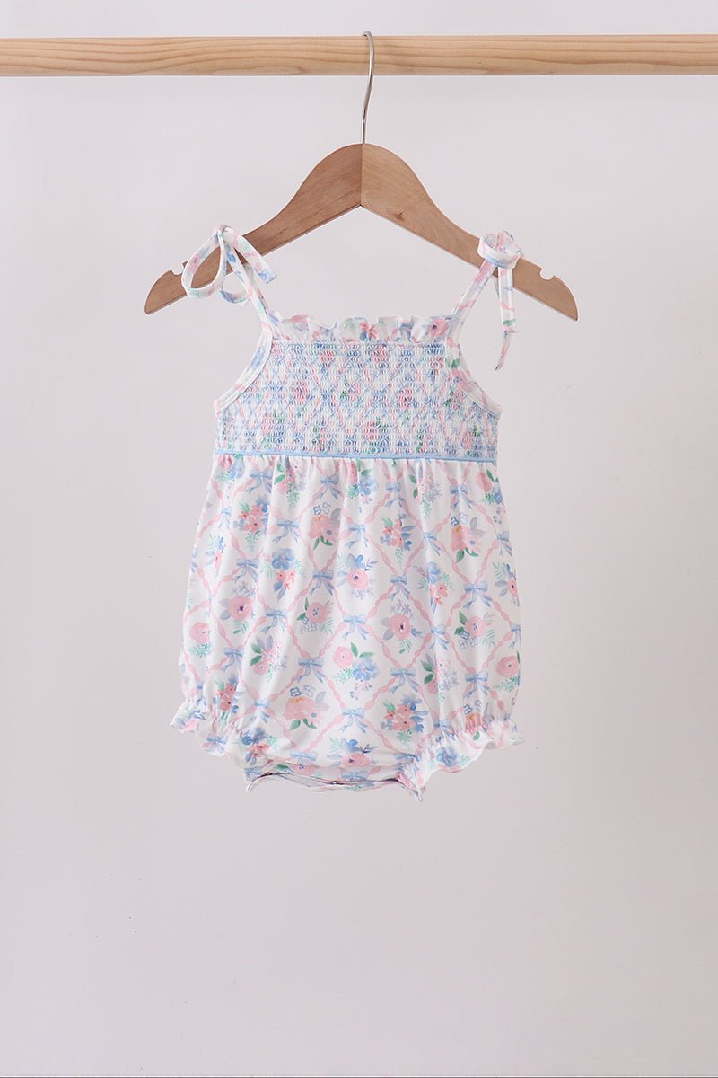 Blue Floral Smocked Bubble - Abbies Place