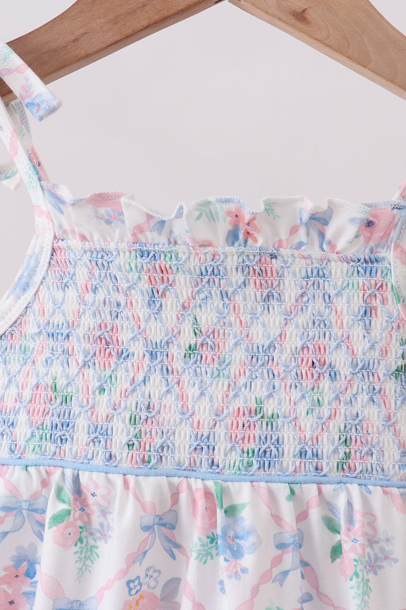 Blue Floral Smocked Bubble - Abbies Place