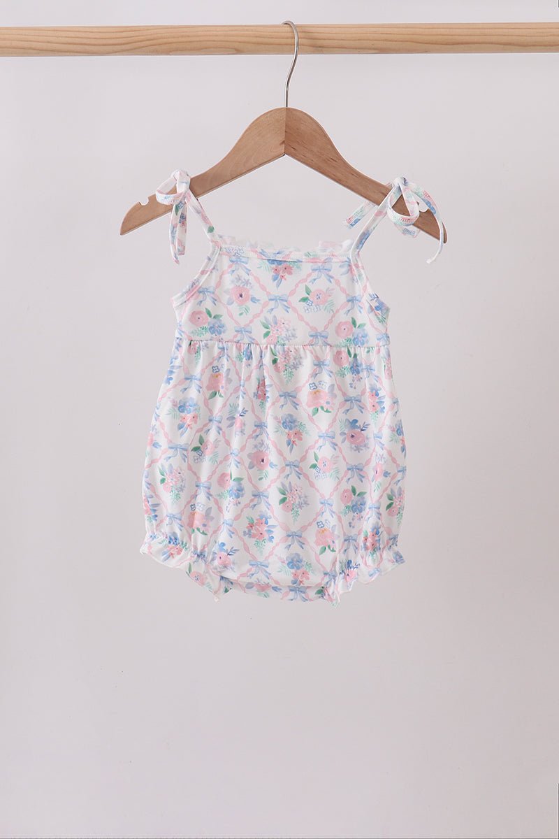 Blue Floral Smocked Bubble - Abbies Place