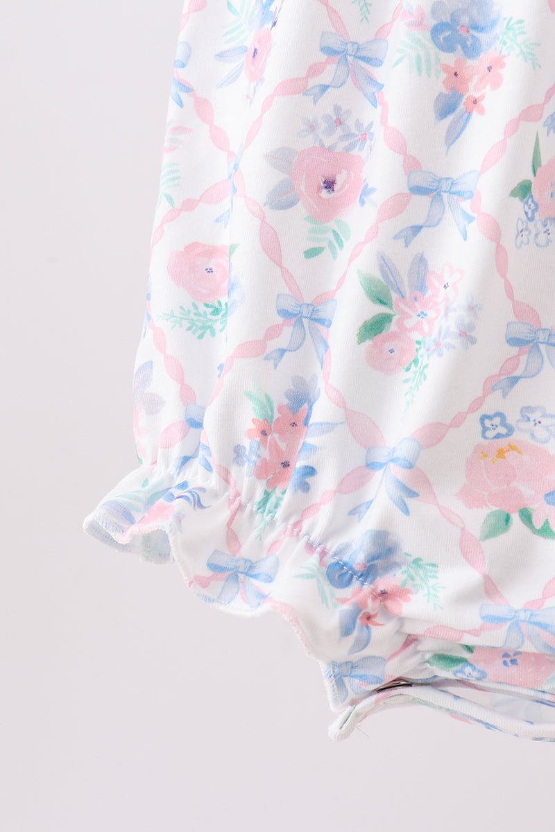 Blue Floral Smocked Bubble - Abbies Place