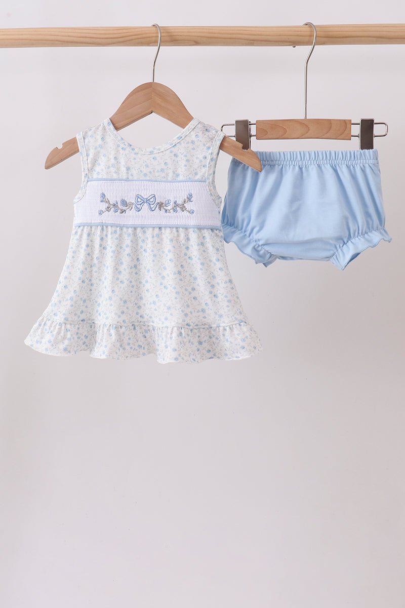 Blue Floral Smocked Ruffle Bloomer Set - Abbies Place