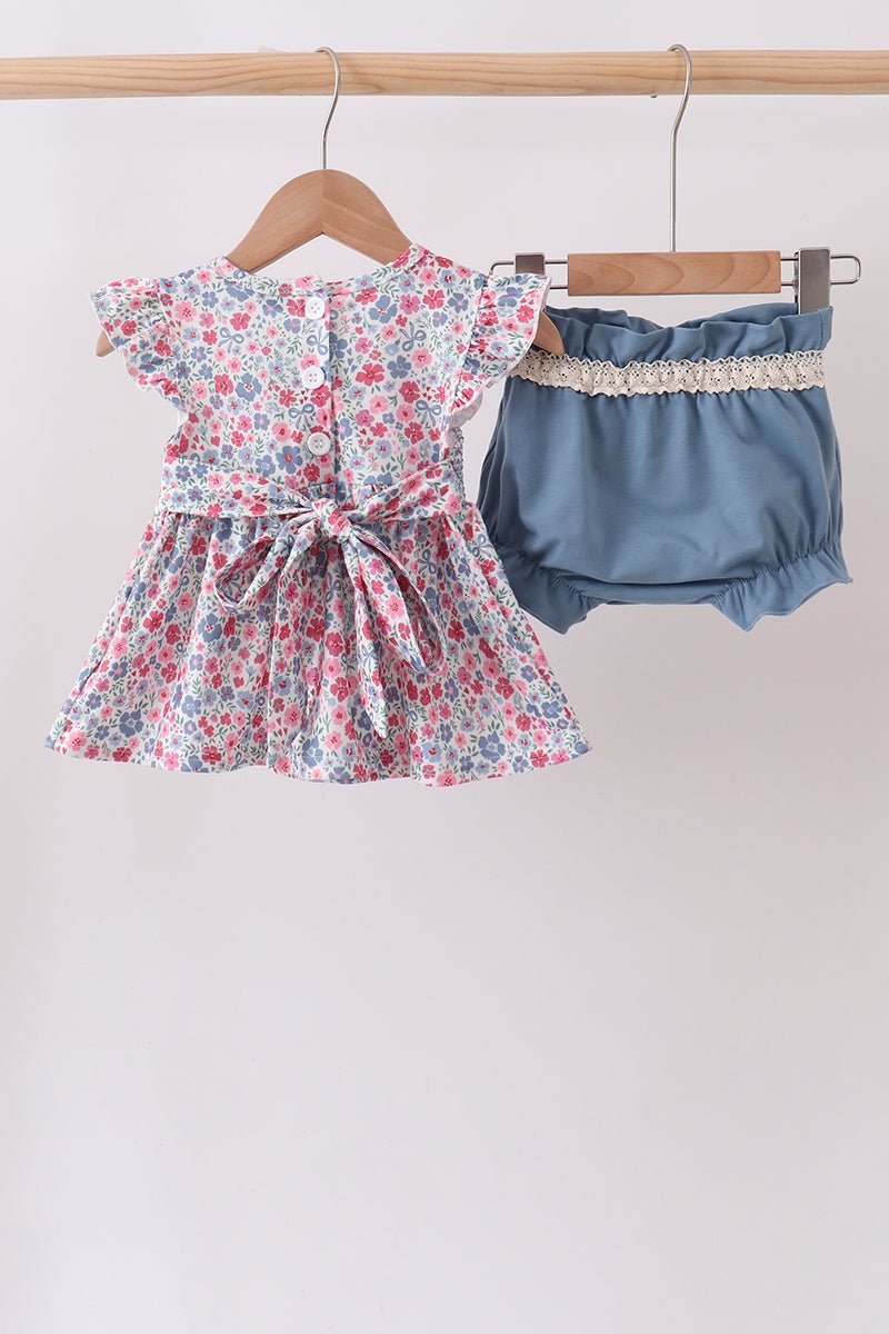 Blue Floral Smocked Ruffle Bloomer Set - Abbies Place