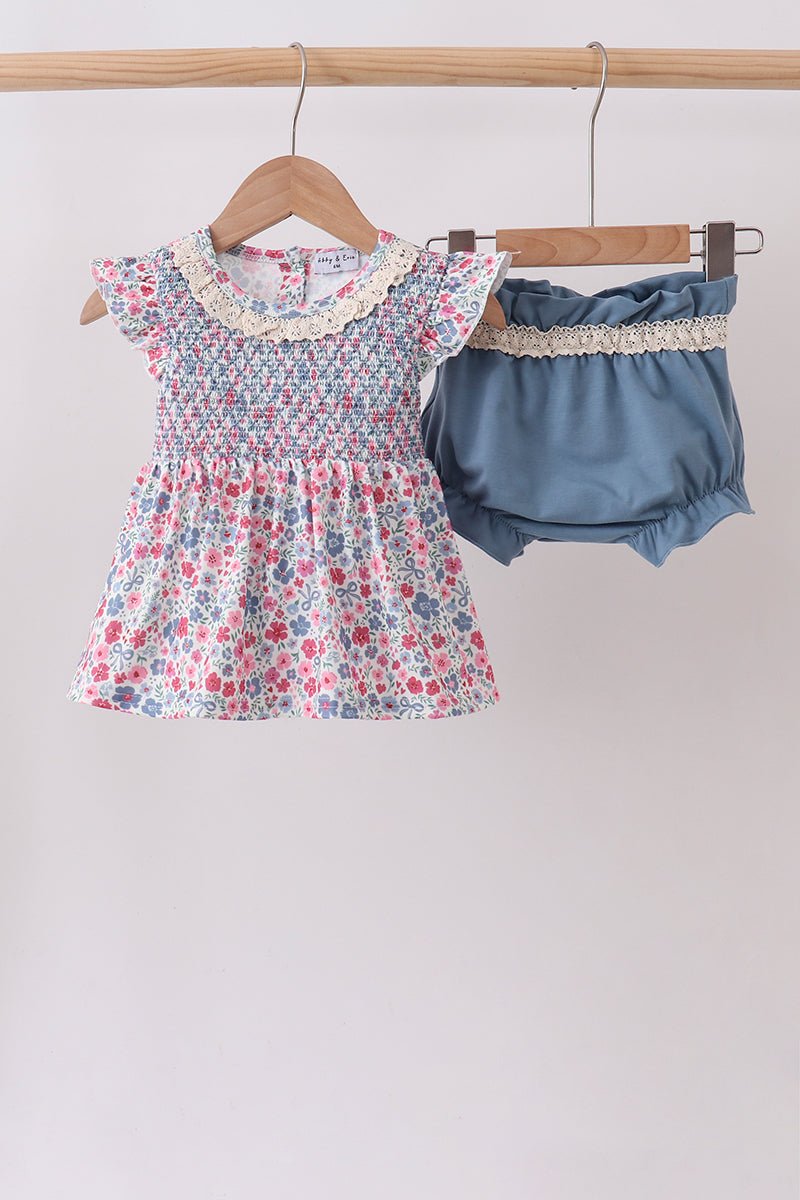 Blue Floral Smocked Ruffle Bloomer Set - Abbies Place