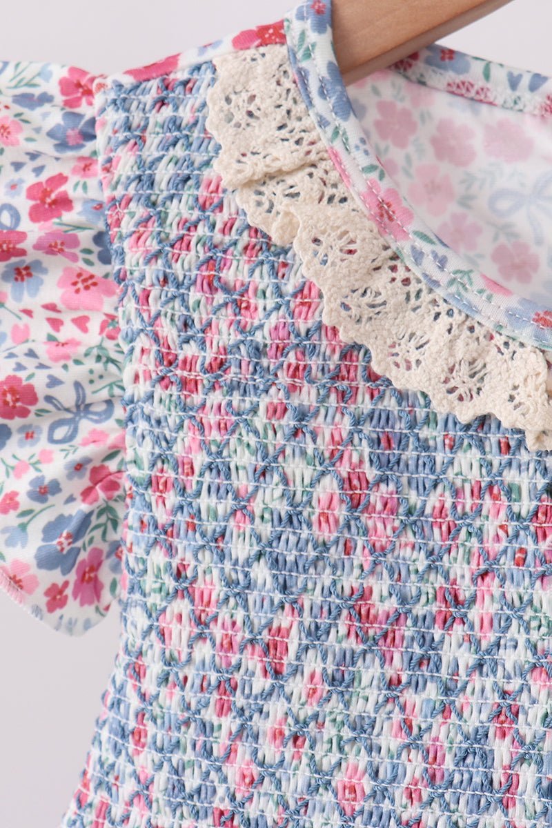 Blue Floral Smocked Ruffle Bloomer Set - Abbies Place