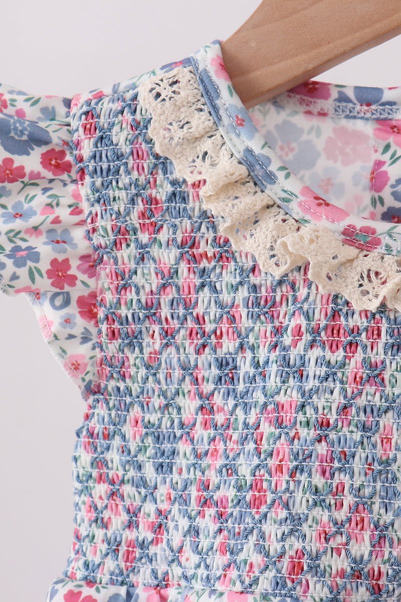 Blue Floral Smocked Ruffle Bubble - Abbies Place