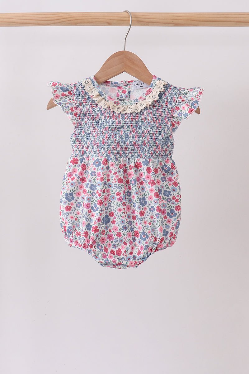Blue Floral Smocked Ruffle Bubble - Abbies Place