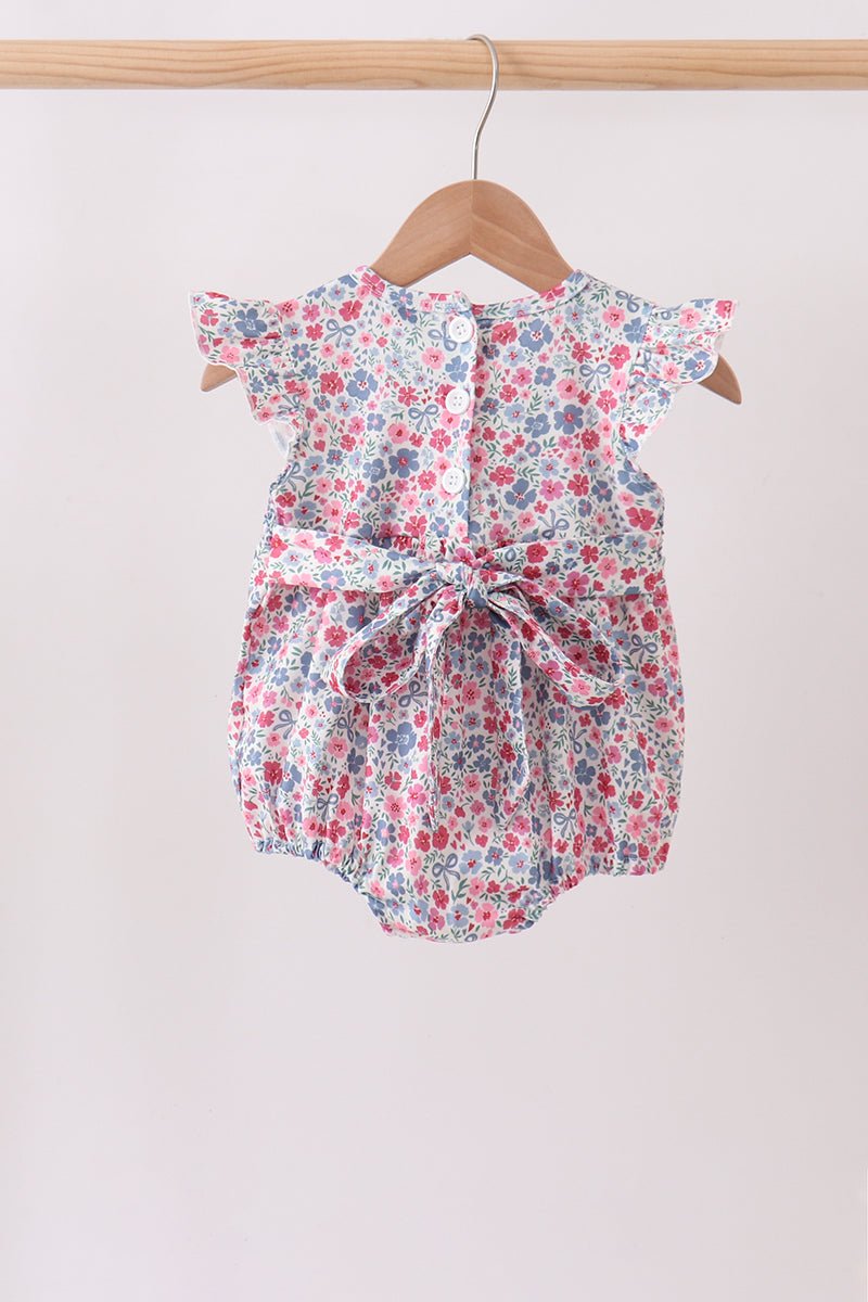 Blue Floral Smocked Ruffle Bubble - Abbies Place