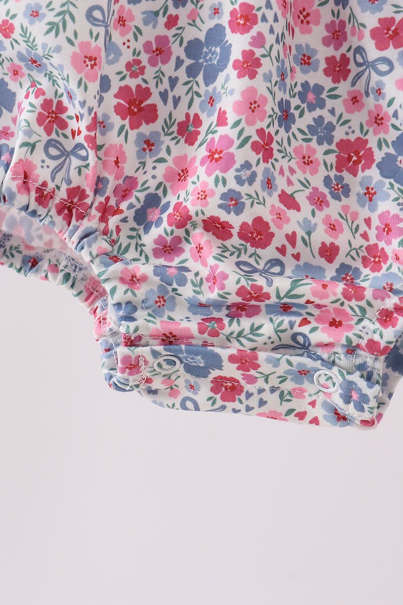 Blue Floral Smocked Ruffle Bubble - Abbies Place