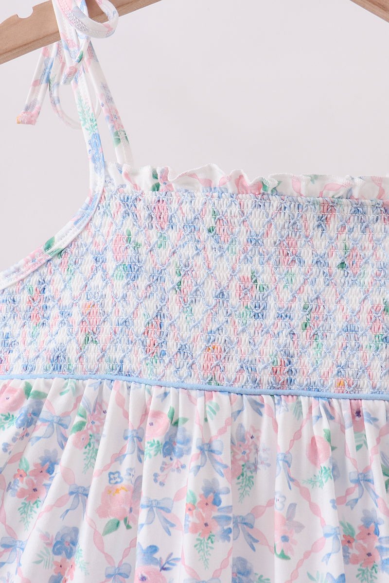 Blue Floral Smocked Ruffle Dress - Abbies Place
