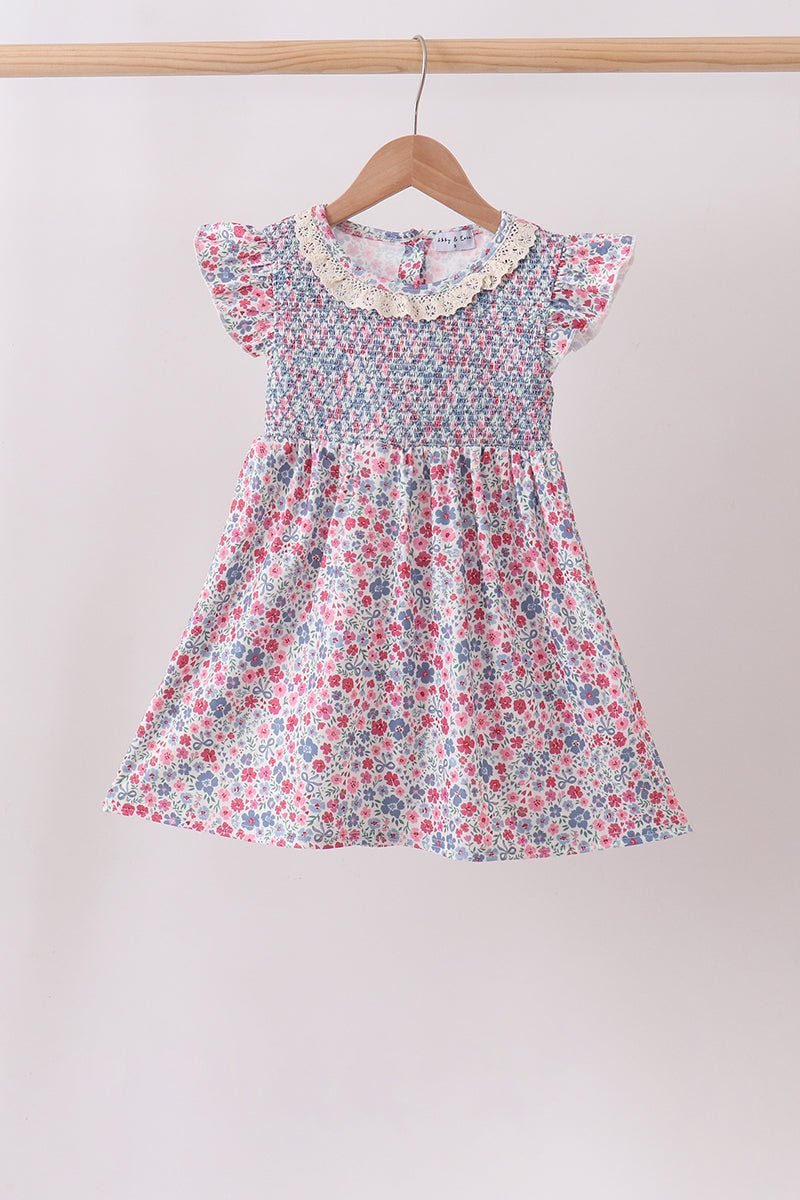 Blue Floral Smocked Ruffle Dress - Abbies Place