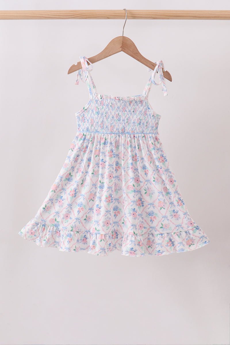 Blue Floral Smocked Ruffle Dress - Abbies Place