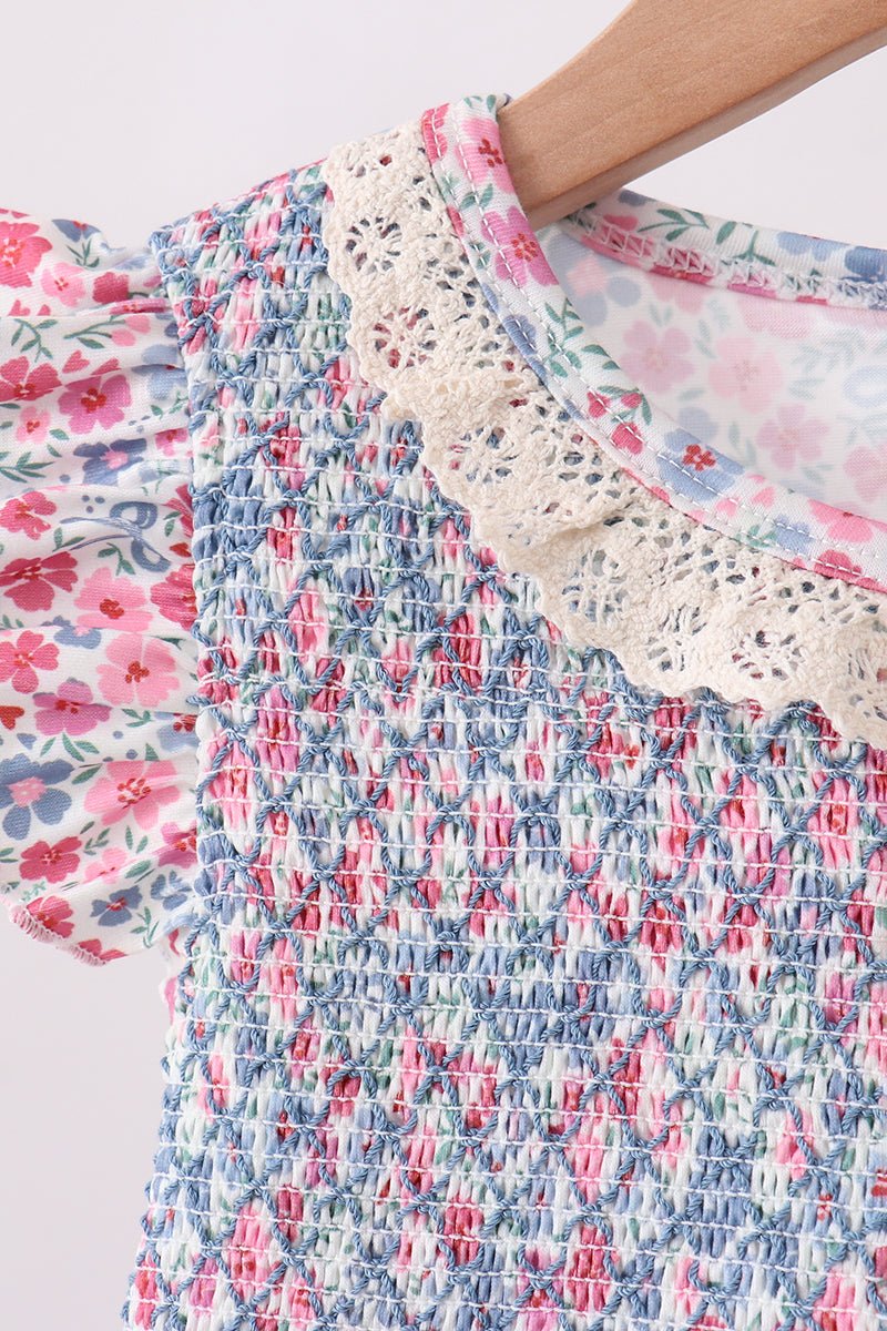 Blue Floral Smocked Ruffle Dress - Abbies Place