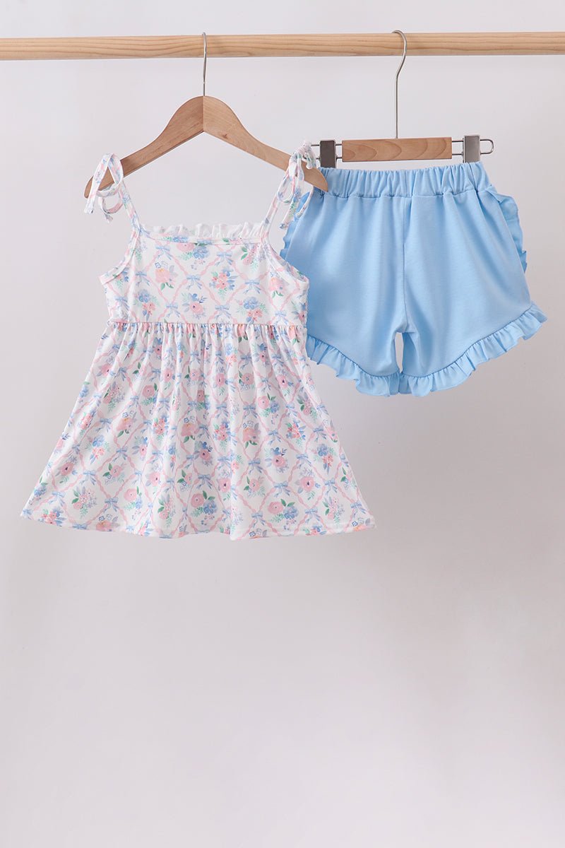 Blue Floral Smocked Ruffle Shorts Set - Abbies Place