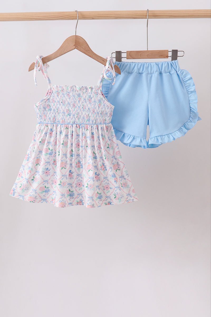 Blue Floral Smocked Ruffle Shorts Set - Abbies Place