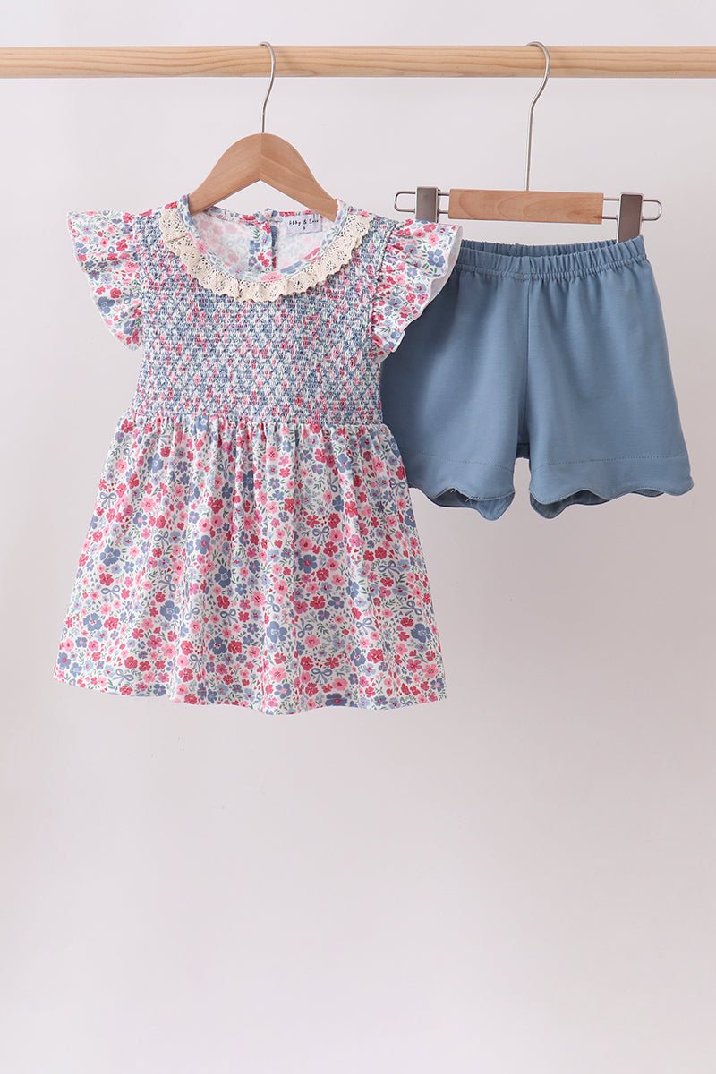 Blue Floral Smocked Scalloped Shorts Set - Abbies Place