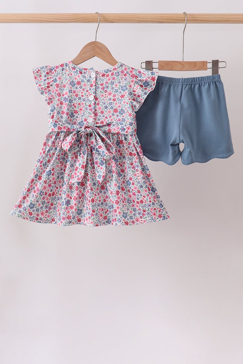 Blue Floral Smocked Scalloped Shorts Set - Abbies Place